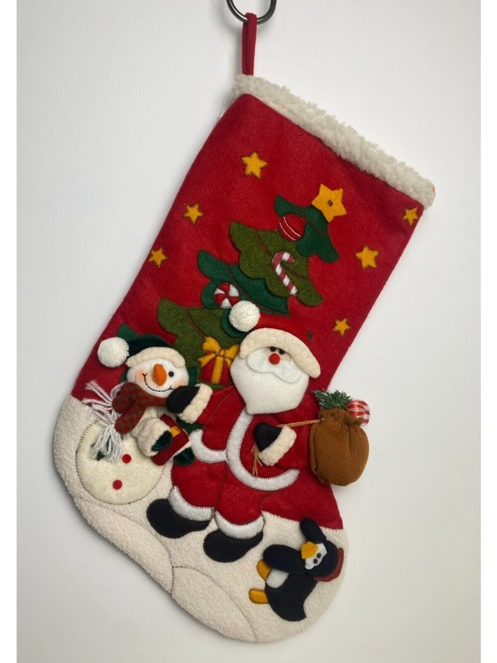 Christmas Stocking Red 18" Santa And Friends Appliqué Snowman Penguin Tree Plush
